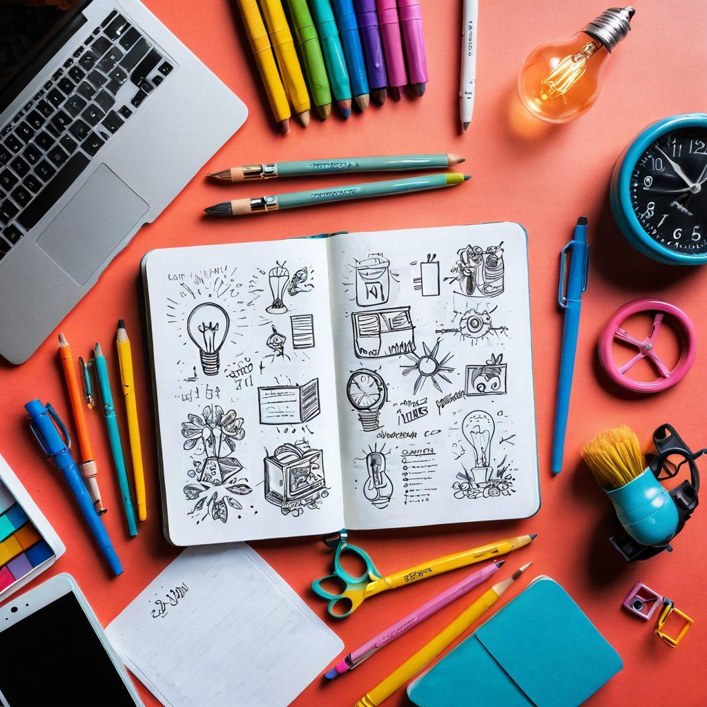 A whimsical scene featuring an open notebook with colorful sketches and handwritten notes emerging from its pages, set against a vibrant workspace filled with creative tools like paintbrushes, a camera, and a laptop. In the background, a light bulb symbolizes ideas, and a vintage clock represents time management. The colors should be bright and inspiring to evoke a sense of innovation and motivation. super-realistic. vibrant colors. white background.