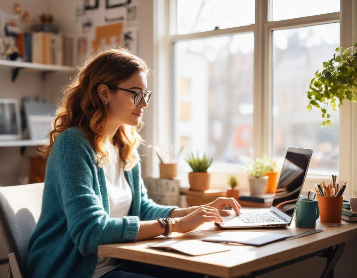 A modern blogger working on their laptop in a cozy home office, surrounded by journals and e-commerce elements like shopping carts and dollar signs. Bright sunlight streaming through a window, illuminating the space where creativity meets commerce. Elements of a personal blog visible on the screen, showcasing engaging content. Inviting and entrepreneurial atmosphere. vibrant colors. soft focus.