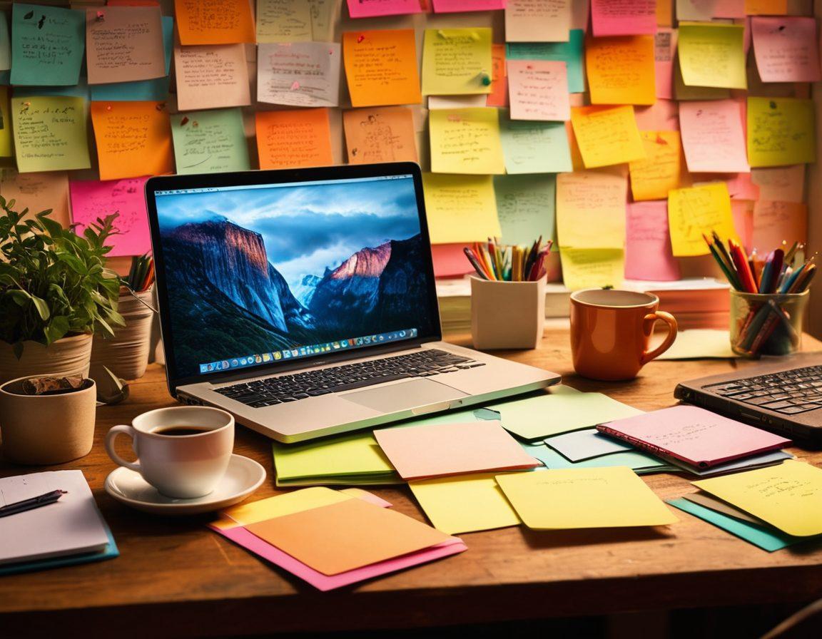 An enchanting workspace filled with open laptops, colorful notebooks, and a steaming cup of coffee, surrounded by vibrant post-it notes. The scene should portray a blend of creativity and organization, with illustrations of blogs and engaging headlines floating around. A warm, inviting glow adds a sense of inspiration and motivation to the image. super-realistic. vibrant colors. warm tones.